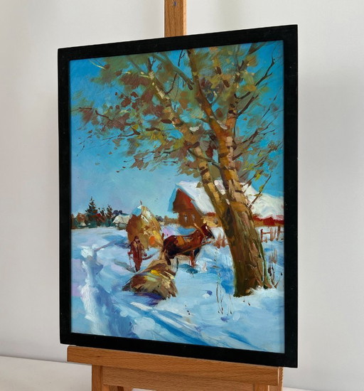 Original Oil Painting Winter Village Landscape Loading hay in winter