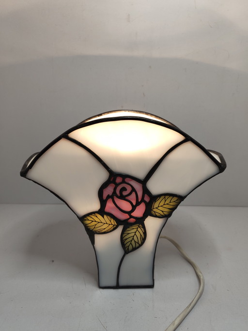 Vintage Tiffany Stijl Tafellamp – Glas in Lood met Roze Roos – tafellampen, Metal