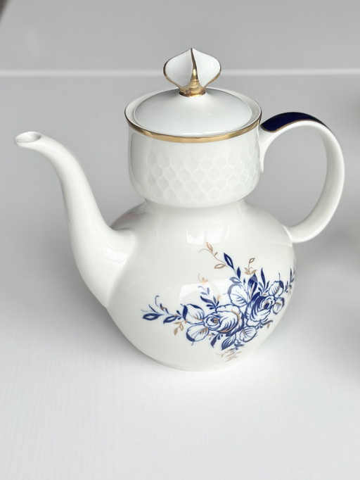 Fine China - Servizio in porcellana della RDT, 22 pezzi | Blu e oro, pareti sottili