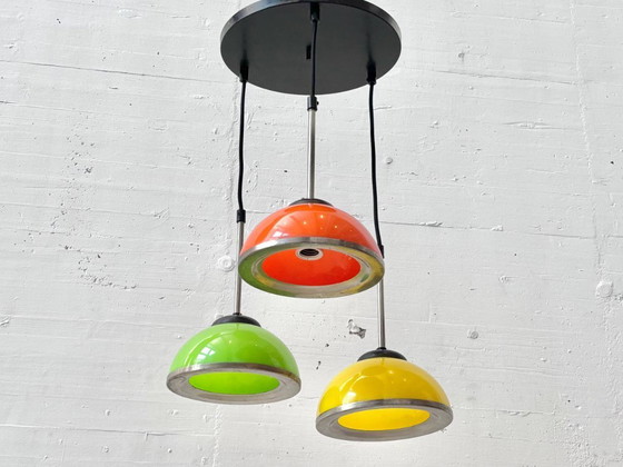 Image 1 of Space-age pendant lamp with three colored metal shades, 1970s