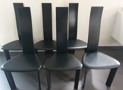 Set Van 6 Vintage Zwarte 'Iris' Stoelen – Van Den Berghe - Pauvers – eetkamerstoelen, Wood, Leather