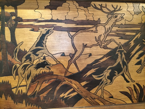 Image 1 of Tableau mural vintage en bois style milieu du siècle par Michelli – Grand panneau représentant une scène de chasse