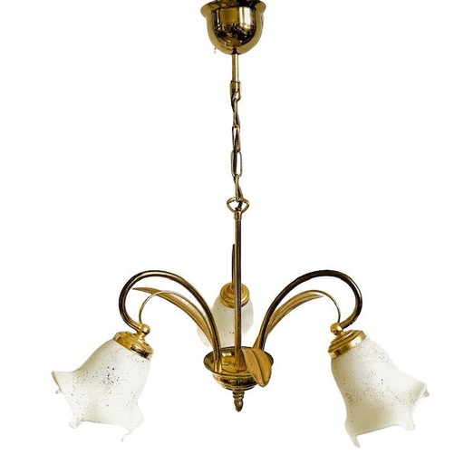 Lámpara de araña de tres brazos de mediados de siglo con hojas de palma, estilo Hollywood Regency, década de 1970