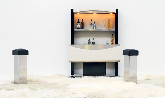 Vintage Cocktailbar Jaren 80 - Zwart Hout & Geborsteld Metaal - met 2 barkrukken – Drankenkasten, Metal, Wood (photo 7 of 8)