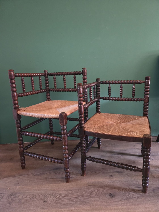 Set of vintage corner chairs – Chairs and lounge chairs, Wood, Wicker (photo 2 of 6)