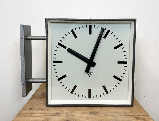 Image 1 of Large Industrial Square Double Sided Factory Wall Clock from Pragotron, 1970s
