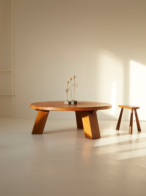 Image 1 of Vintage Brutalist round tripod coffee table in solid oak, circa 1960