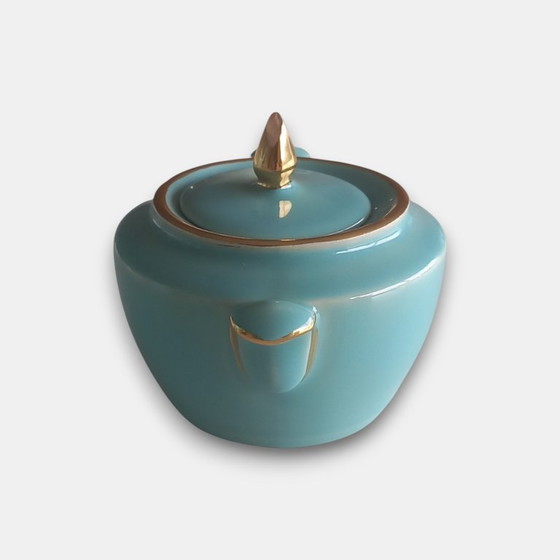 Image 1 of Vintage (1960-1970) handmade design tea set in turquoise glaze with gold accents – teapot and sugar bowl with lid