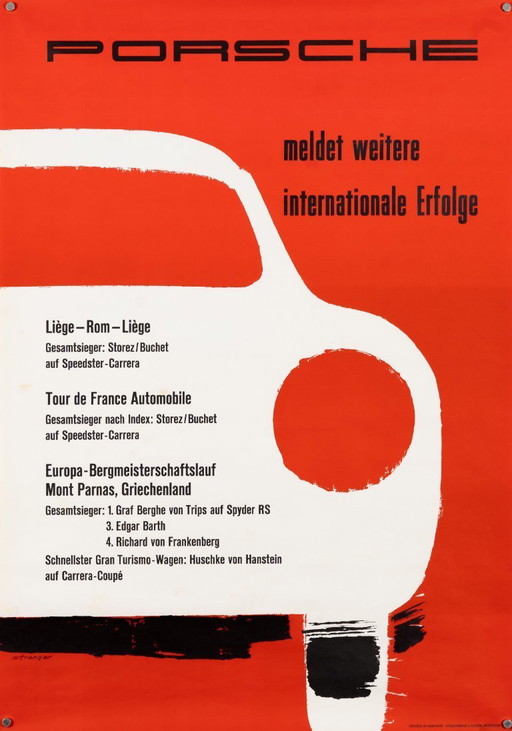Porsche meldet weitere internationale Erfolge 1957 – Original Vintage Porsche Poster by Strenger – Mid-Century Modern – 85x59 cm