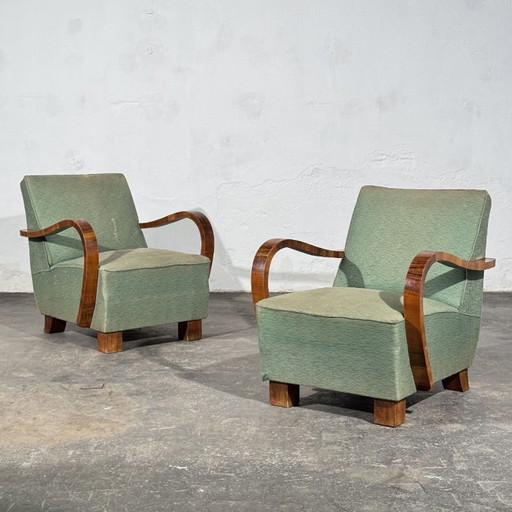 Paar Sessel im Art-Déco-Stil mit furnierten Armlehnen, 1960er Jahre