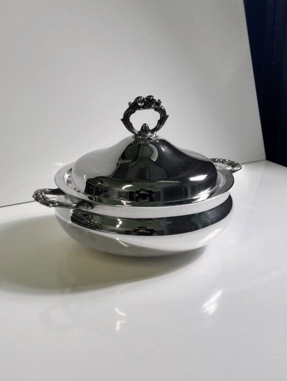 Image 1 of Vintage verzilverde kom, soepkom, soepterrine, kom met handvat, kom met deksel, serveerkom, soepkom, jaren 70