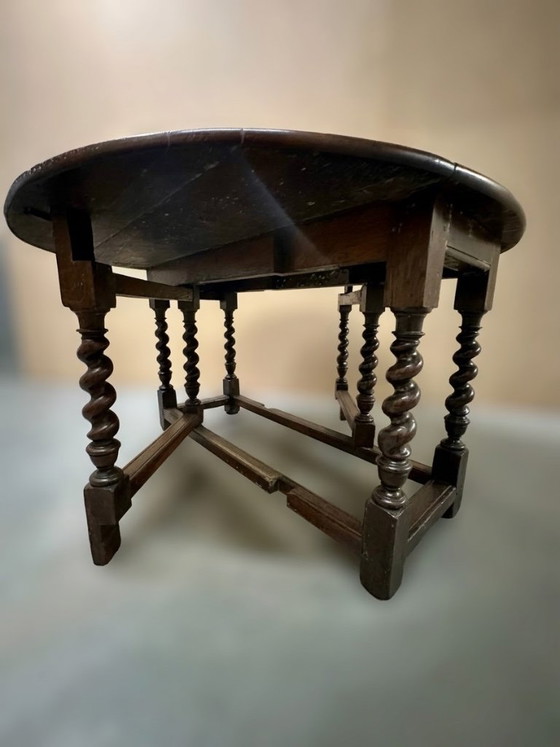 Antique English Oak Gateleg Drop-Leaf Table with Barley Twist Legs, 19th Century, Antiek, Dining tables, Wood (photo 6 of 8)
