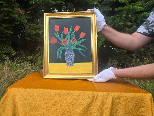 Peinture à l'huile florale vintage de tulipes rouges dans un vase