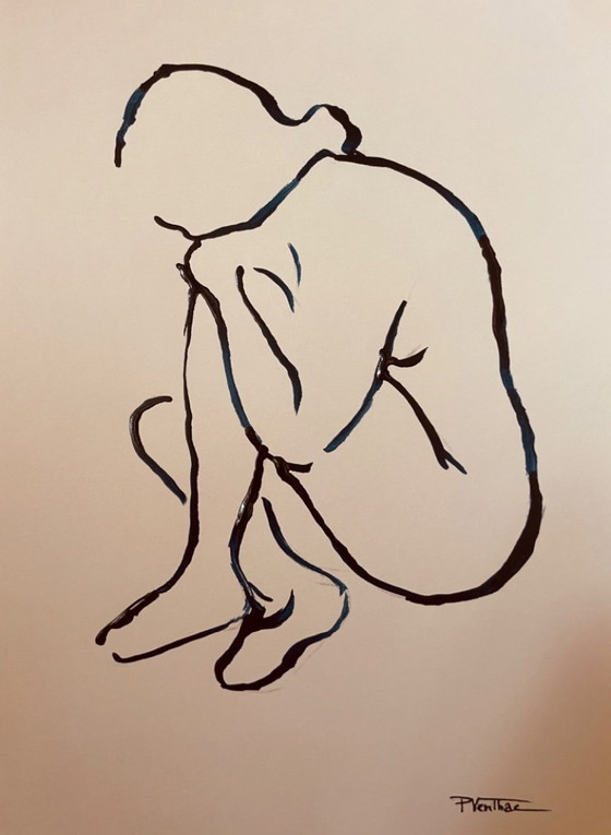 Image 1 of Set of 2 signed ink drawings, female portrait, "recto-verso"