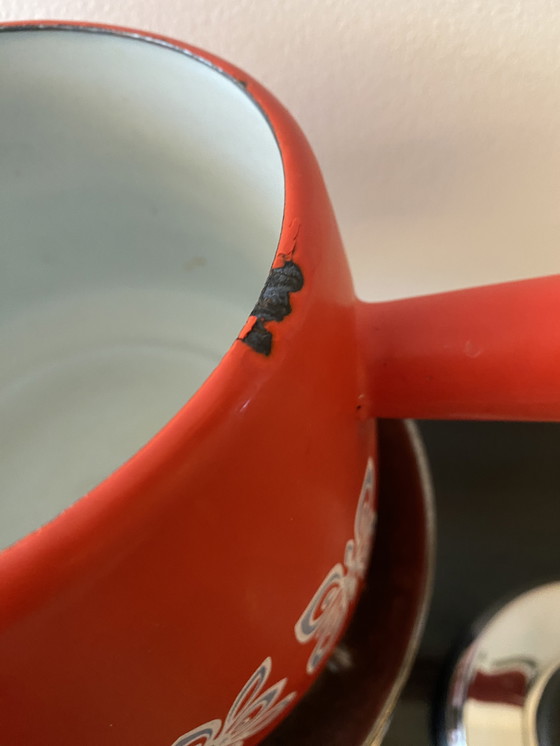 Image 1 of Vintage geëmailleerd metalen fonduestel uit de jaren 70