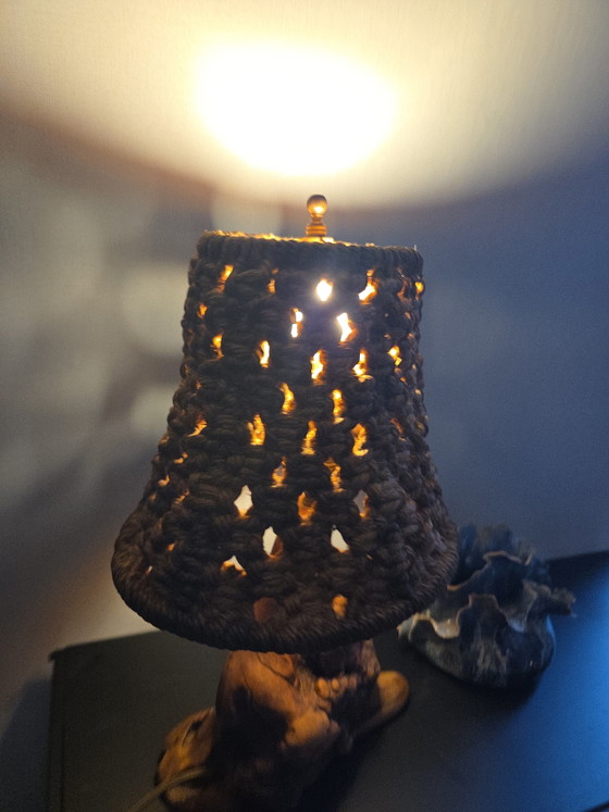 Unique Vintage Handcrafted Table Lamp – Burl Wood & Macrame (Boho / Wabi-Sabi) – Cotton (photo 3 of 6)