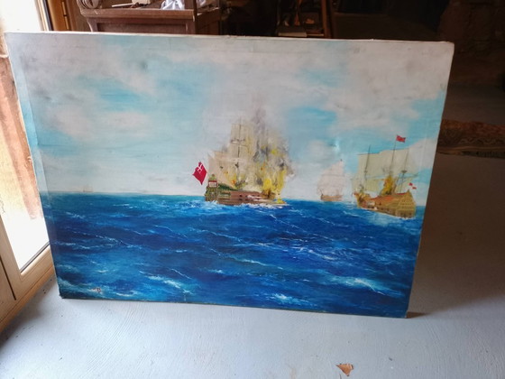 Image 1 of Gran Óleo sobre lienzo batalla Naval firmado 