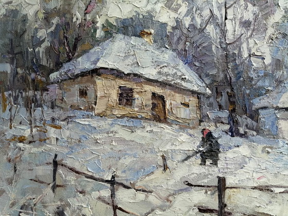 Peinture à l'huile originale Paysage rural Vie de village Il a neigé – Peintures et dessins, Canvas (photo 6 of 11)