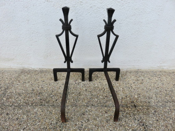 Image 1 of Hammered wrought iron andirons, French work in the style of Subes and Poillerat, 1940s-1950s