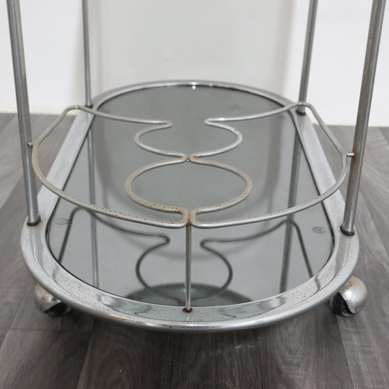 Image 1 of Stalen voedseltrolley met dubbele plank en gerookt glas, ontwerp uit de jaren 70
