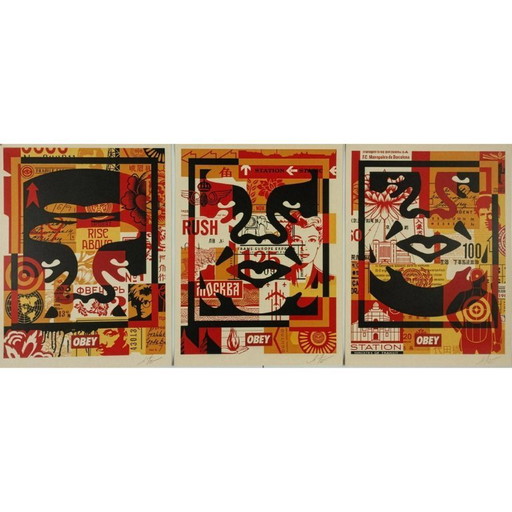 Shepard Fairey (Obey), « Collage à 3 visages ». Triptyque de lithographies offset, signé et daté, 2020