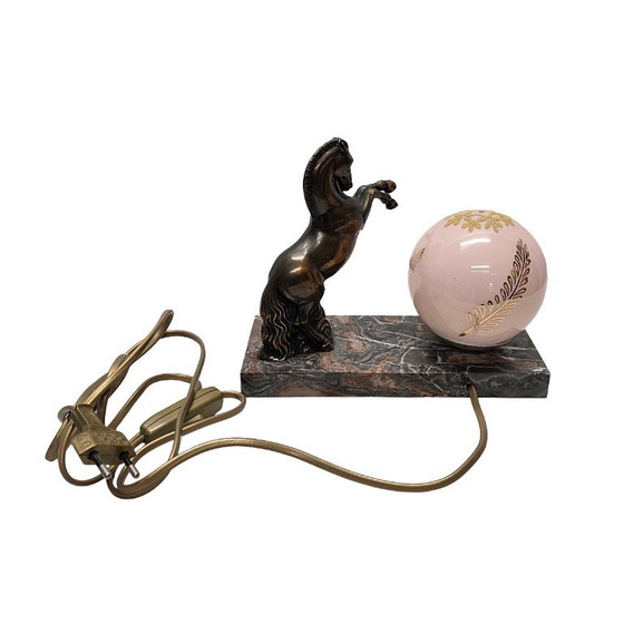 Lampe Art Déco française avec cheval, Marbre, Verre, Marron, Art Deco (photo 5 sur 6)