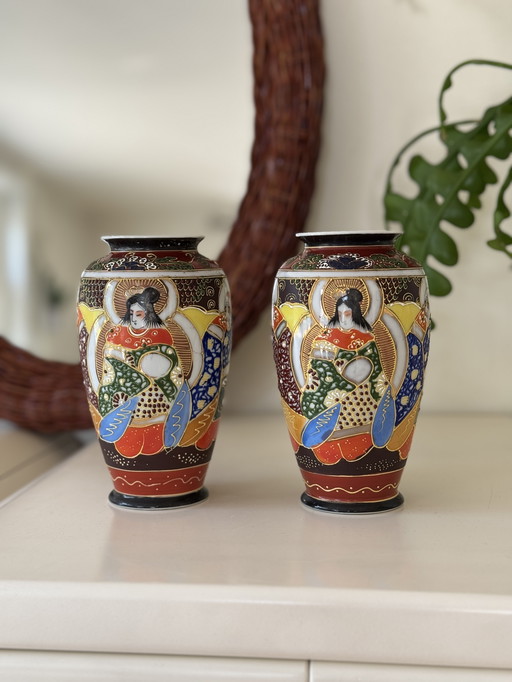 Vintage Japanese vases with geisha decor & gold accent