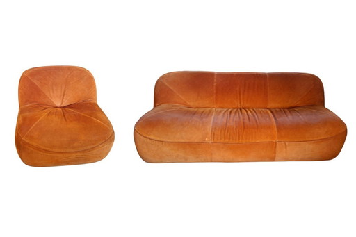 Vintage 1970s Set: 3-Seater Sofa + Orange Velvet Armchair