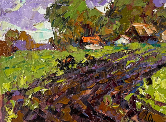 Image 1 of Original Oil Painting Summer Road Landscape Morning in the village