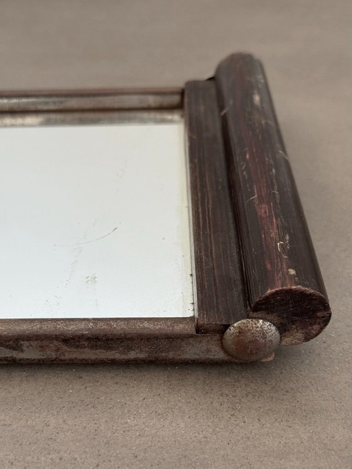 Vassoio specchiato, legno e metallo brutalista, non firmato