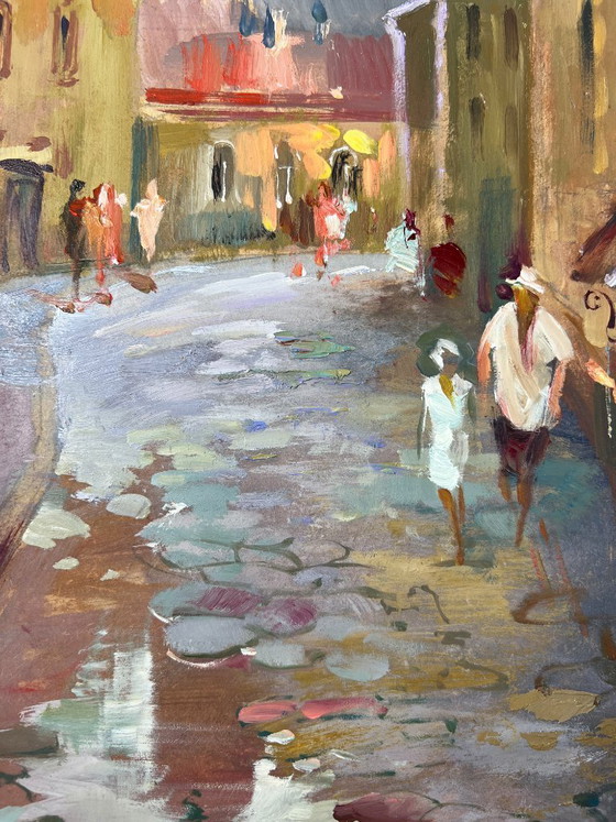 Image 1 of Peinture à l'huile originale, paysage de rue de ville, ruelle d'enfance