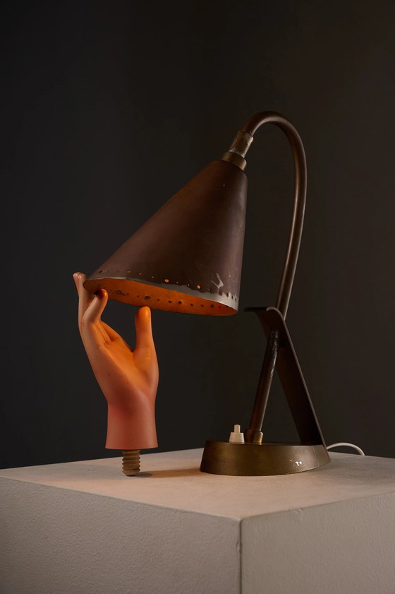 Lampe de table moderniste en cuivre et laiton, France, Mid Century Modern (photo 9 sur 11)