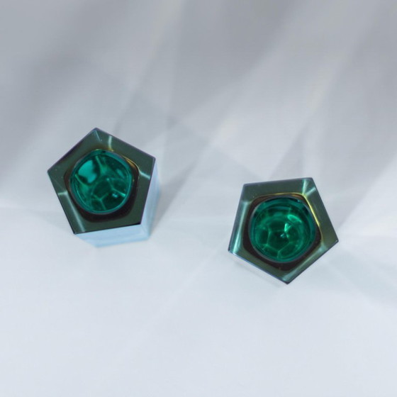 Image 1 of Flavio 2x Poli Murano Sommerso Vasen, Grün & Gelbes Glas, Zweier-Set