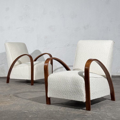 Paar Franse Art Deco Stijl Buighouten Fauteuils in Wit Bouclé, Jaren 60