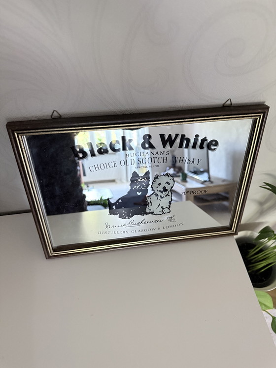 Specchio da bar/pubblicitario in bianco e nero con cornice in legno. – Oggetti decorativi, Wood, Glass (photo 5 of 5)