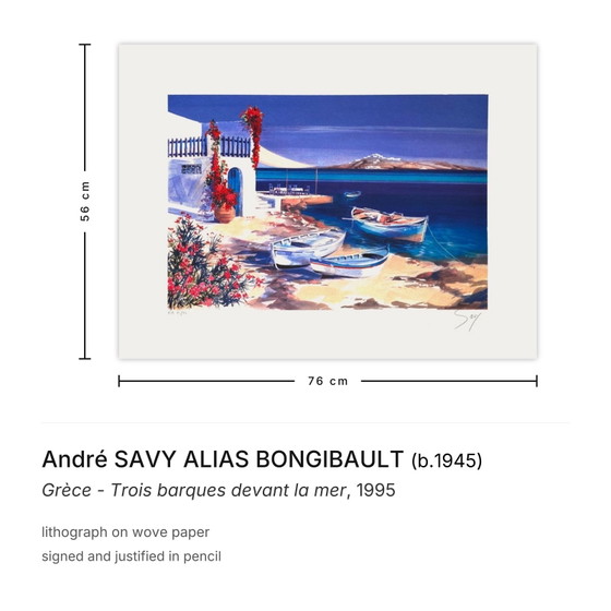Image 1 of André Savy alias Bongibault Griechenland – Drei Boote vor dem Meer Signierte Lithografie