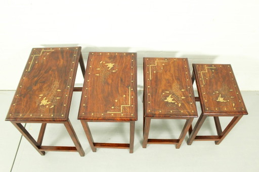 Tables gigognes en palissandre italien avec incrustations de cuivre – bijzettafels, Wood, Copper
