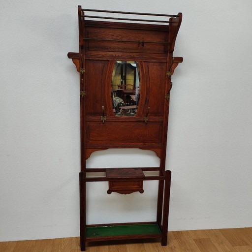 Porte-manteau ancien, porte-manteau sur pied avec miroir, mobilier d'entrée