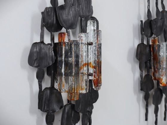 Image 1 of Ensemble de 3 appliques / lampes murales Brutalist en verre de Murano Italie 1970