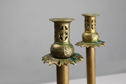 Pair of Antique French Copper Candlesticks in Baroque Style, 1900s