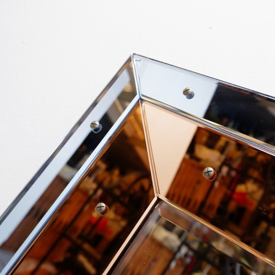 Image 1 of Facettierter Wandspiegel mit blauen und kupferfarbenen Spiegelpaneelen – Italien, 1930er Jahre