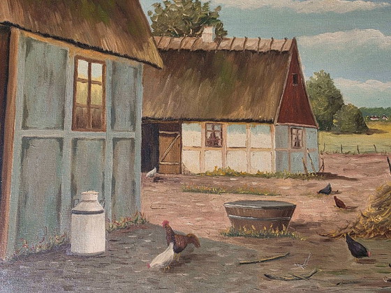 Large Vintage Oil Painting - Sunlit Farmyard with Chickens – Paintings & Drawings, Canvas (photo 8 of 12)