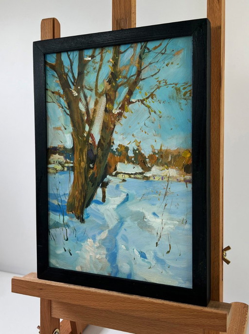 Original Oil Painting Winter Village Landscape Winter path to the village