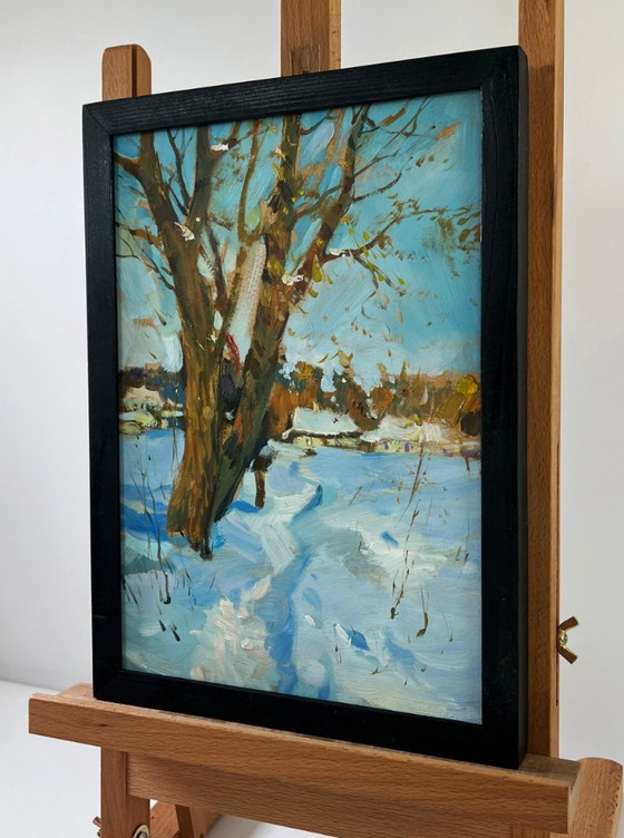 Image 1 of Original Oil Painting Winter Village Landscape Winter path to the village