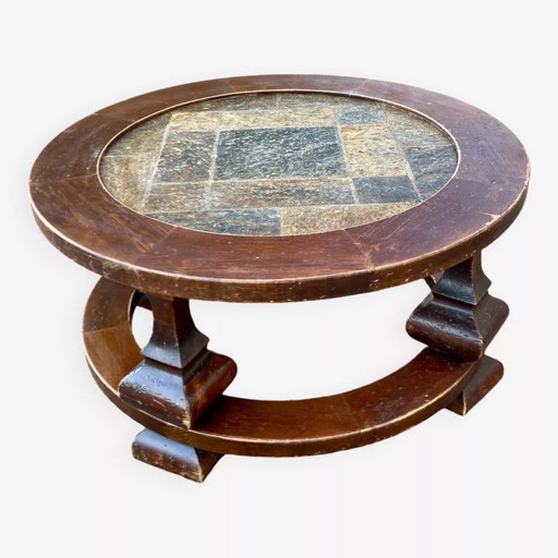 Round coffee table in stone and wood