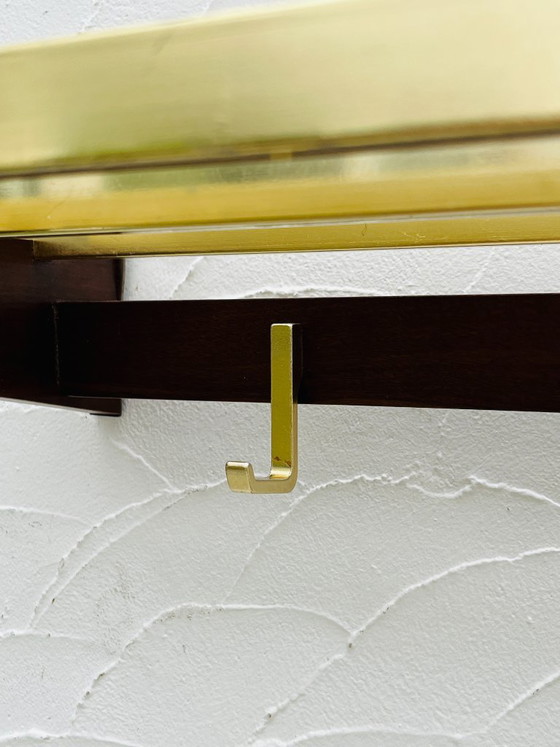 Image 1 of Vintage 1970s wooden and brass wall-mounted coat rack