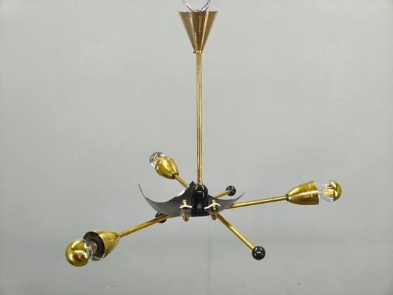 Image 1 of Italiaanse messing Sputnik-kroonluchter in Stilnovo-stijl, jaren 70