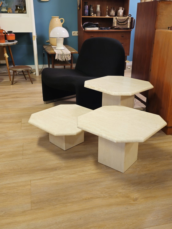 Image 1 of Vintage Travertine Marble Stone Side Tables Coffee Table Tables