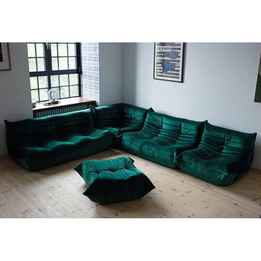 Togo vintage woonkamer set in groen fluweel van Michel Ducaroy voor Ligne Roset, Frankrijk 1973