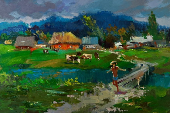 Image 1 of Original Oil Painting Summer Village Landscape Cows grazing peacefully by the river